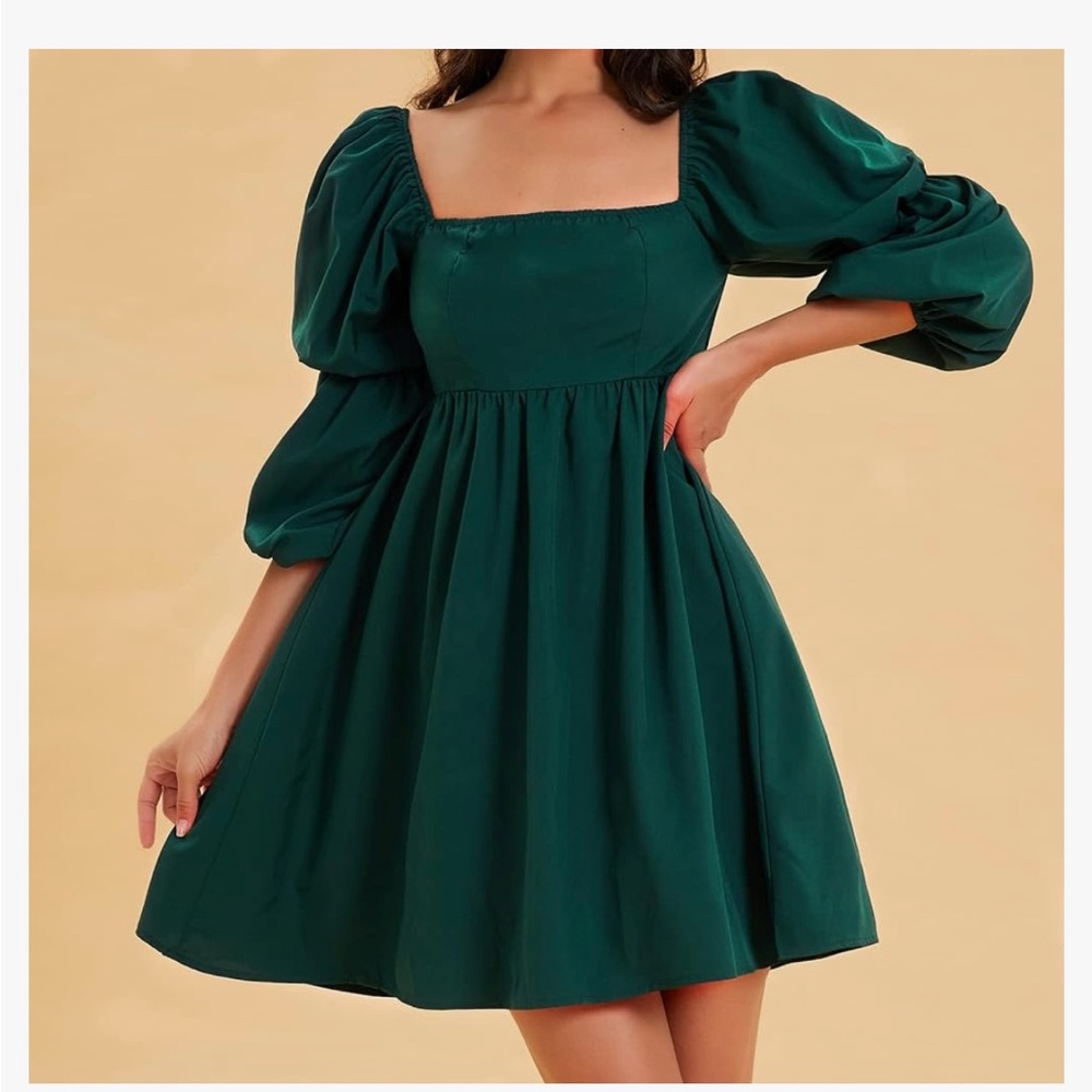 Elegant Green Puff Sleeve Mini Dress